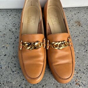 Joan & David Camel Leather Loafers with Gold Accent